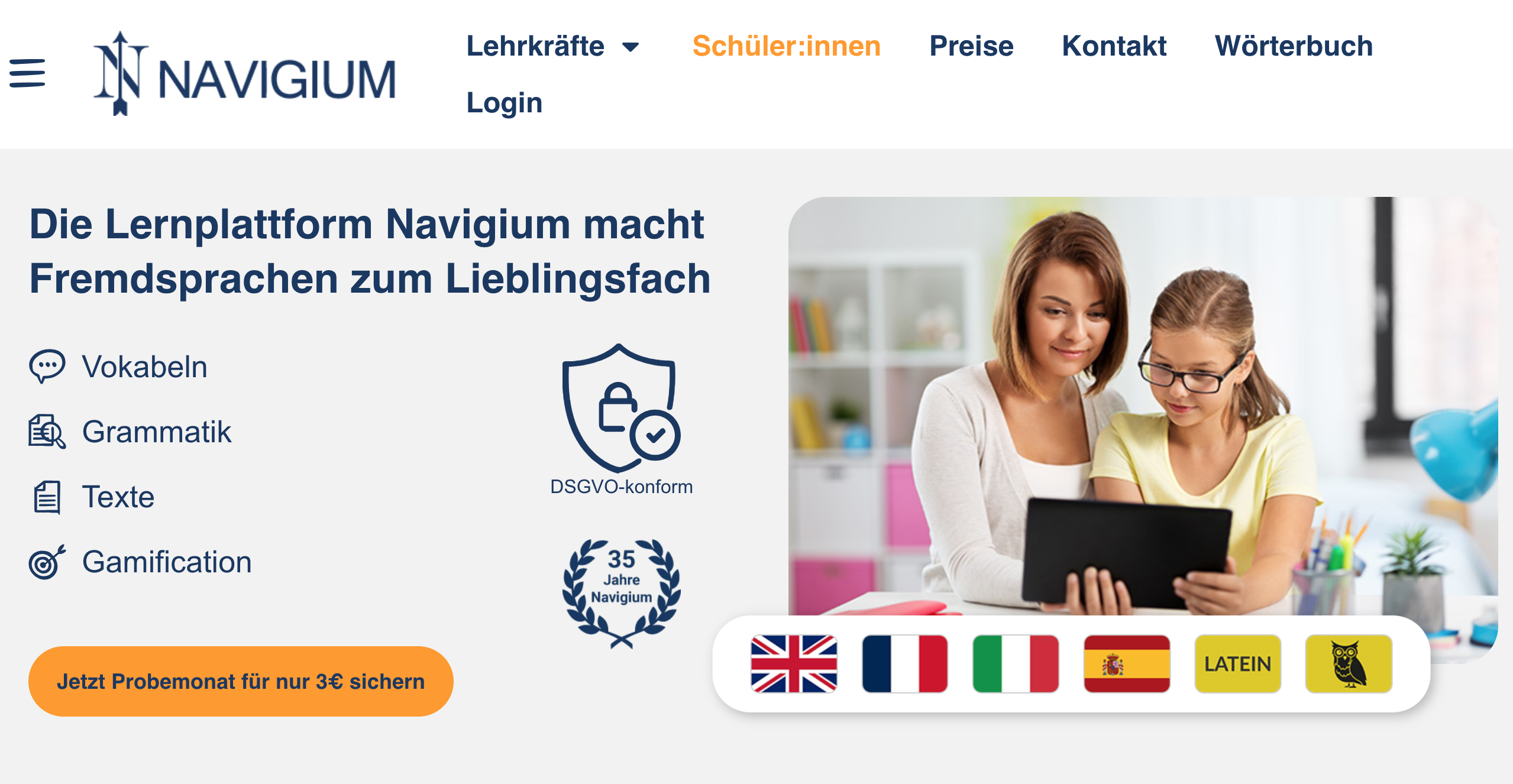 Navigium Web-Oberfläche mit Vokabeltrainer