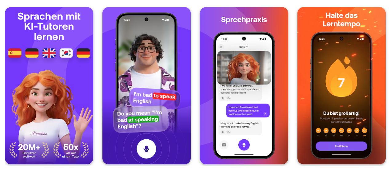 Praktika AI App Screenshot mit KI-Avatar-Gespräch